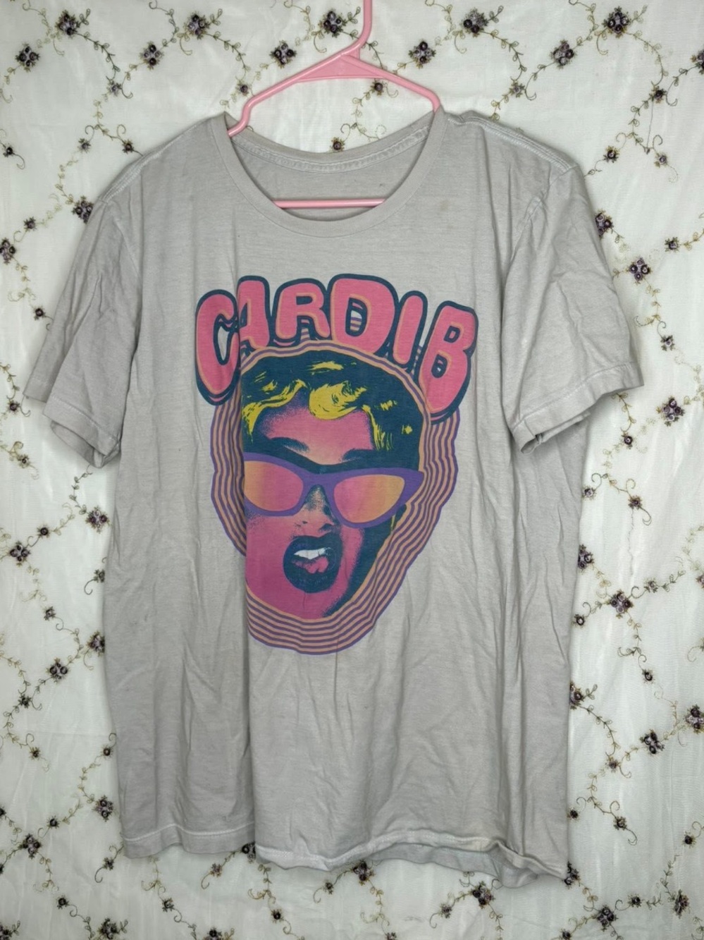 Cardi B Graphic Tee - Light Gray with Pink Print